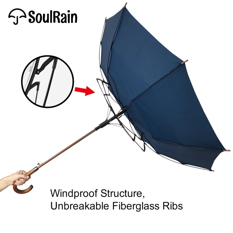 SoulRain 48" Large Umbrella â€“Windproof Stick Umbrellas for Rain, Automatic Open, Vintage Cane Navy Blue big Umbrella with Classic Wooden Handle,Open for 2 Persons adult,for Women & Men(Navy Blue) - Image 5